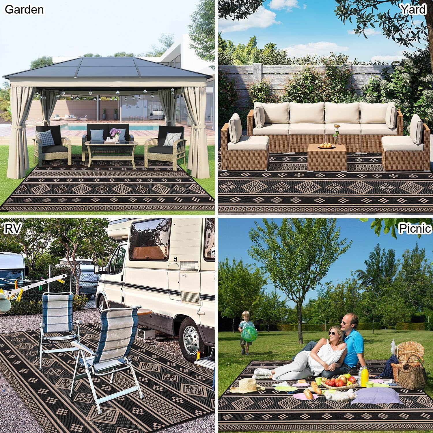 6'x9' Outdoor Rugs, Yamaziot Waterproof Plastic Patio Rug, Reversible Outdoor Mats for RV Camping Picnic Garden Backyard Balcony Porch Beach, Black
