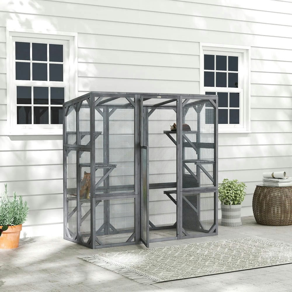 GVN Cat Catio Enclosure, Cat Cage House,Large Wooden Catio Outdoor with 6 Jumping Platforms, Weatherproof Roof,Gray