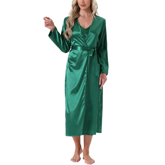 Conjunto de bata de satén para mujer INSPIRE CHIC de 2 piezas, camisón midi suave y sedoso, conjuntos de pijama sexys, batas de kimono para damas de honor en verde