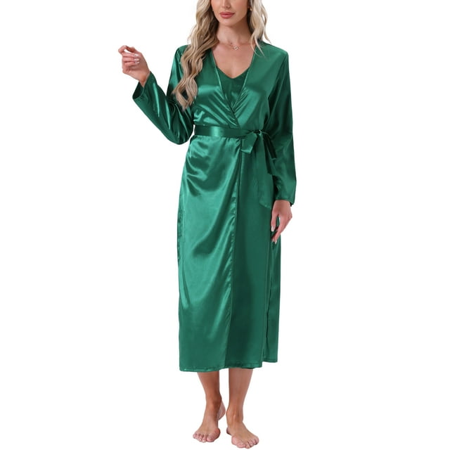 Conjunto de bata de satén para mujer INSPIRE CHIC de 2 piezas, camisón midi suave y sedoso, conjuntos de pijama sexys, batas de dama de honor M verde