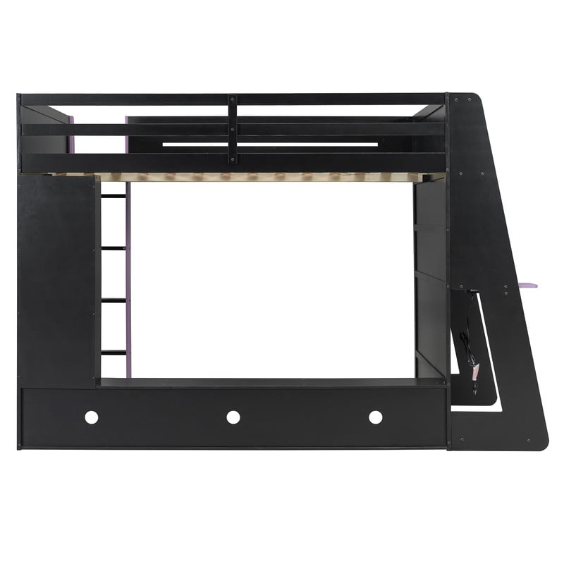 Full Size Loft Bed with Desk and RGB LED Lights, Wood Gaming Loft Bed Frame with Storage Shelves, TV Console Space and Multi-Functional Study Workstation for Teens Bedroom