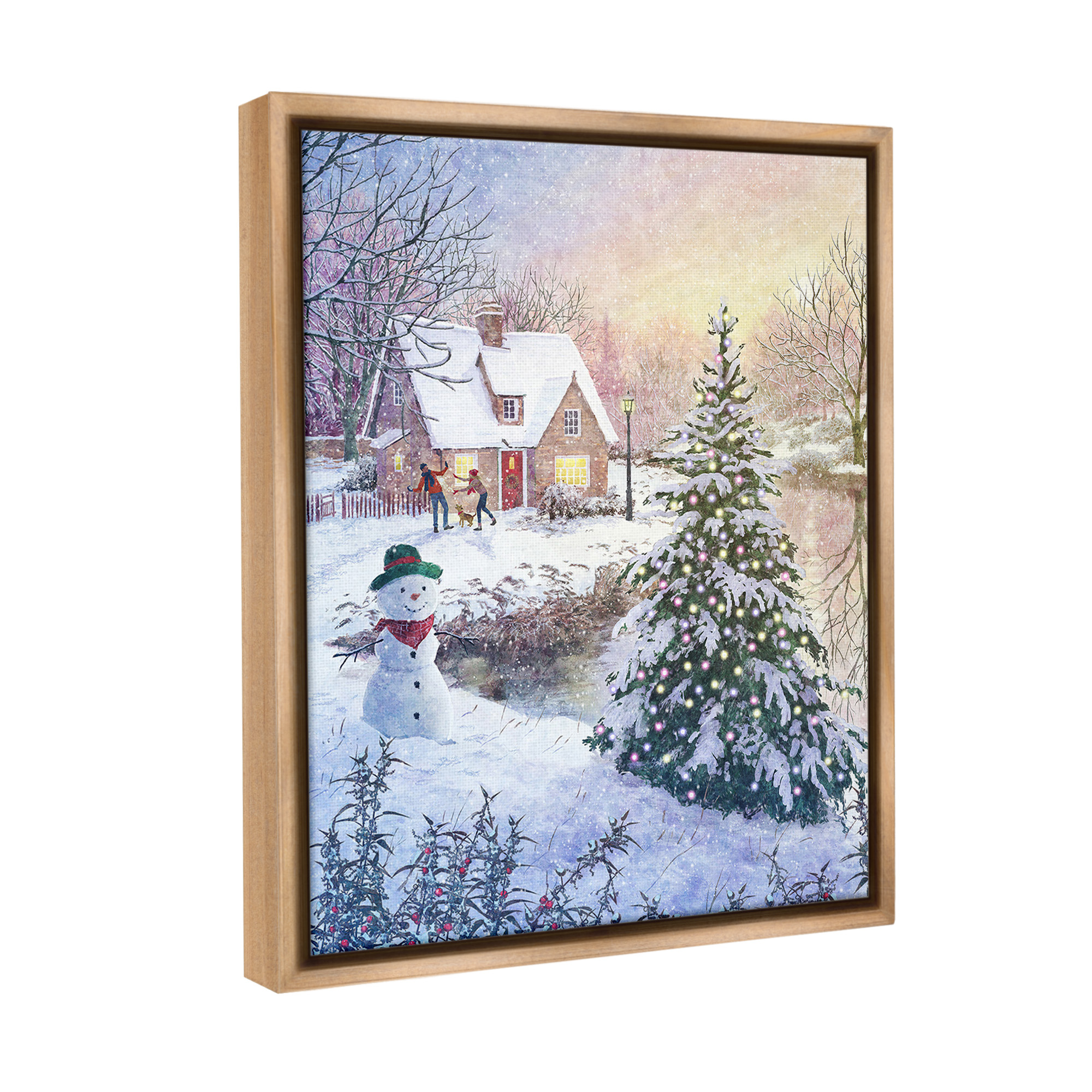 Stupell Industries Kids Playing in Snow Holiday Painting Brown Floater Framed Canvas Art Print Wall Art, 17 x 21