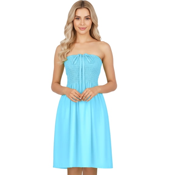 HAPPY BAY Women's Beach Summer Casual Smocked Mini Flowy Dress Tube Top Strapless Dresses for Women One Size Sky, Solid