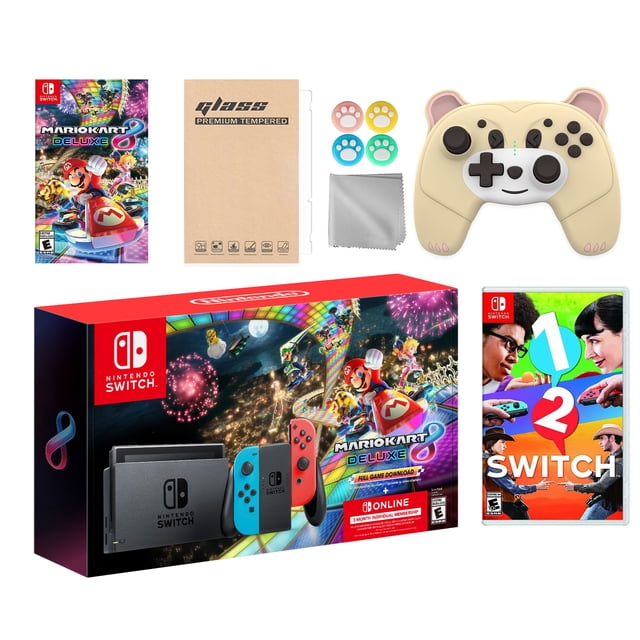 Nintendo Switch Mario Kart 8 Deluxe Bundle: Red/Blue Console, Mario Kart 8 & Membership, 1-2 Switch, Mytrix Wireless Pro Controller Peary Yellow Bear and Accessories