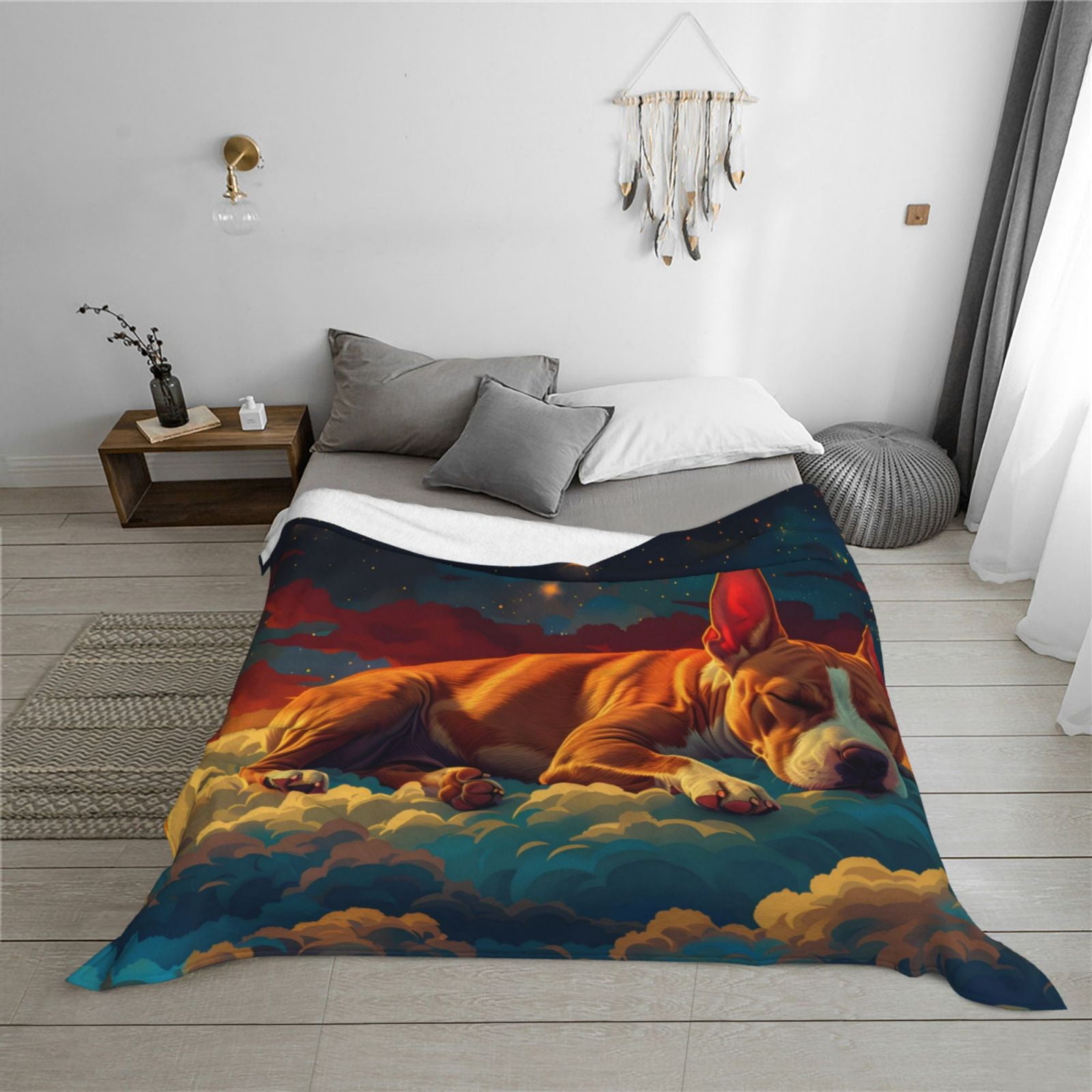 Throw Blanket for Couch - Colorful Starry Sky Sleep Dog Soft Comfy Lightweight Cozy Warm Throw Blanket, Fuzzy Plush Flannel Blanket & Throws for Sofa and Bed All Season