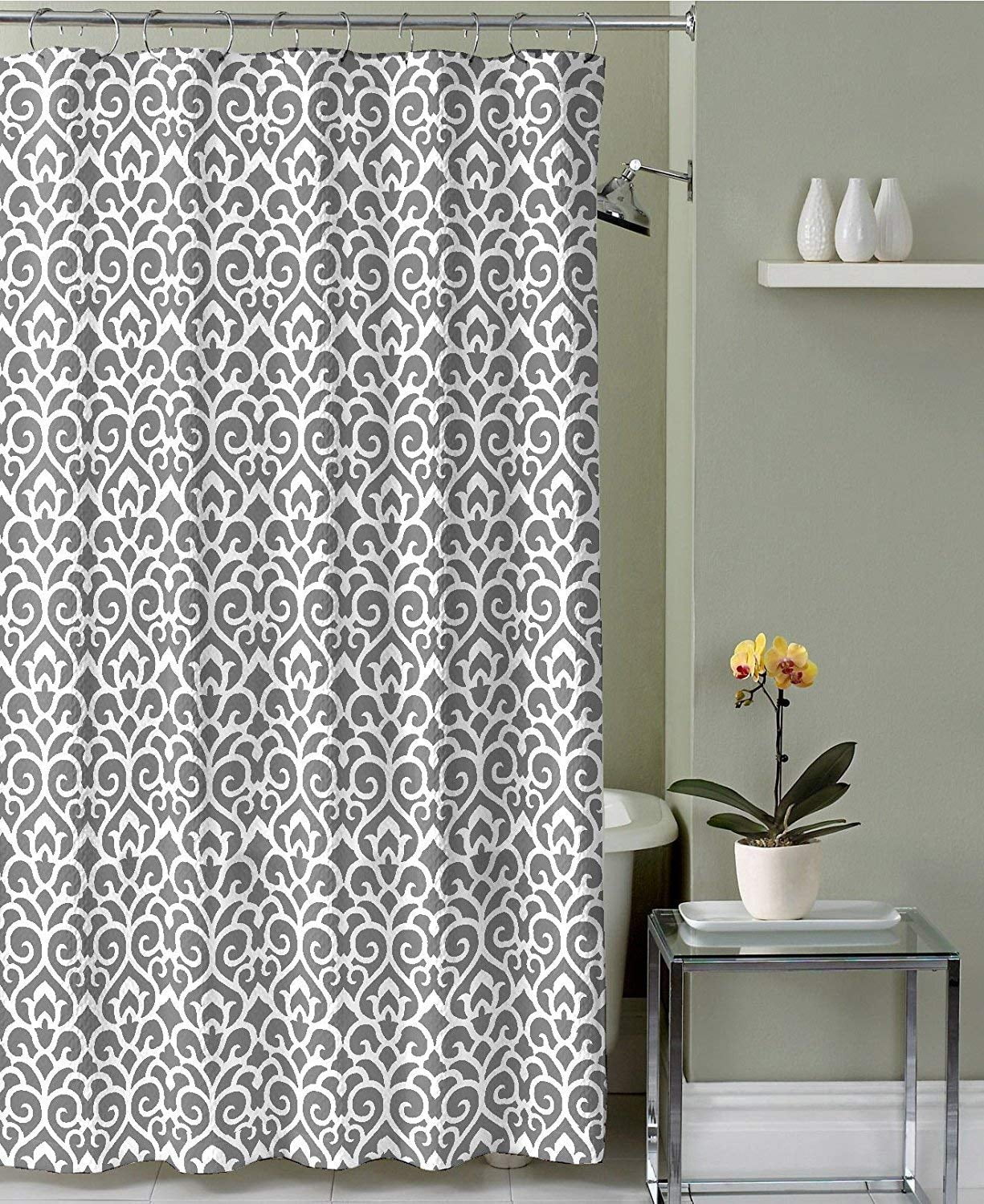 Covebay Grey White Canvas Fabric Shower Curtain Elegant Floral Damask