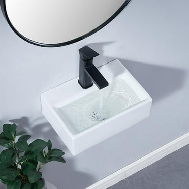 14x10 Inch Wall Mount Bathroom Sink, 14 Inch Small Modern Bathroom Rectangle Wall Hung Sink White Porcelain Ceramic Floating Vessel Vanity Sink Art Basin with Faucet Hole