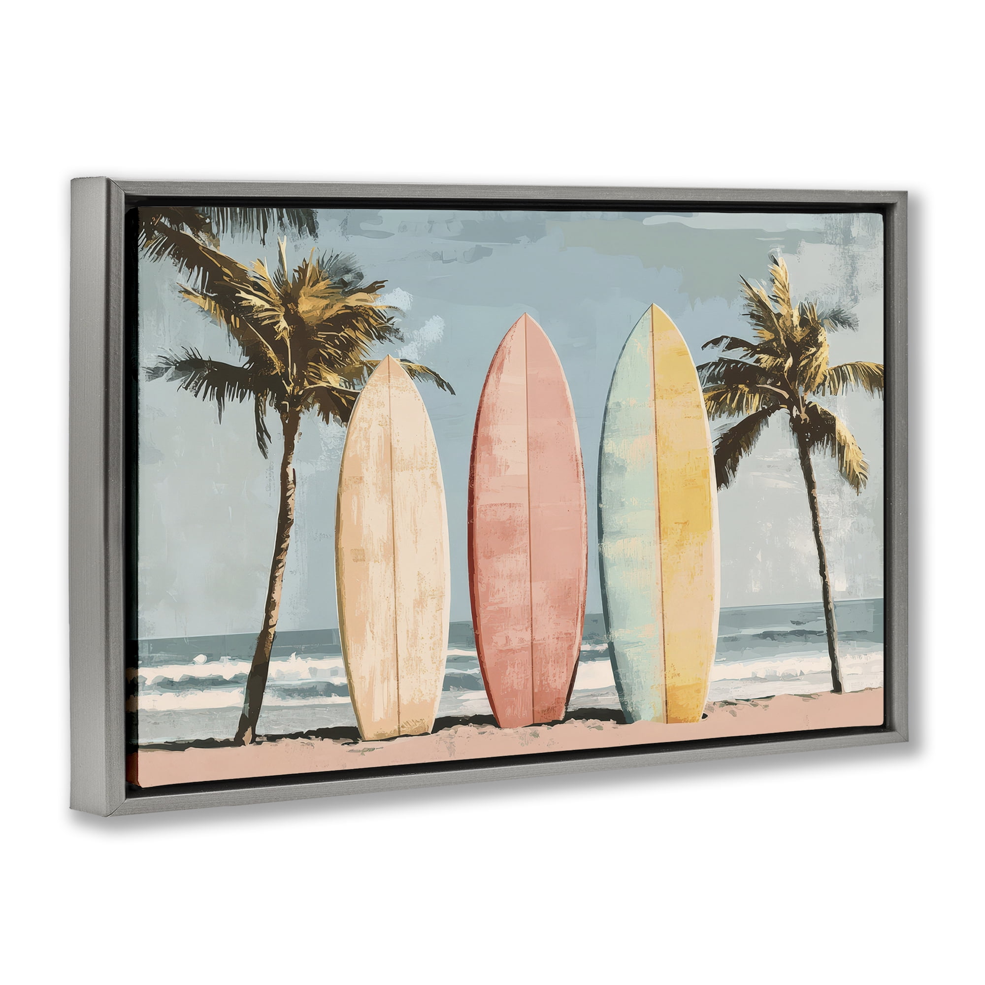 Stupell Industries Paradise Surfboard Trio Gray Framed Floater Canvas Wall Art, design by Petal Prints Design