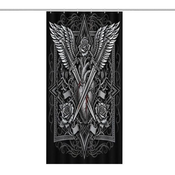 RKSupls Waterproof Shower Curtain, Sacred Heart Swords Roses Wings Polyester Shower Curtain with Hooks for Chic Elegant Home Bathtub Bathroom Decor Washable
