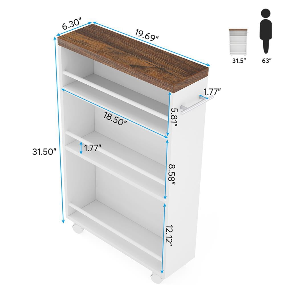 Barara King Kitchen Island, Kitchen Storage Island,4-Tier Storage Cart, Slim Rolling Narrow Kitchen Cart for Small Place,White