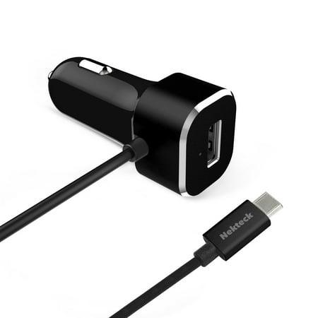 USB Type C Car charger, Nekteck 5.4A USB-C Car Charger Adapter with Integrated Built-in Type-C 3.1 Cord for Macbook 12 inch, Google Pixel/ Pixel XL Galaxy S8/ S8 Plus More, Black - Straight