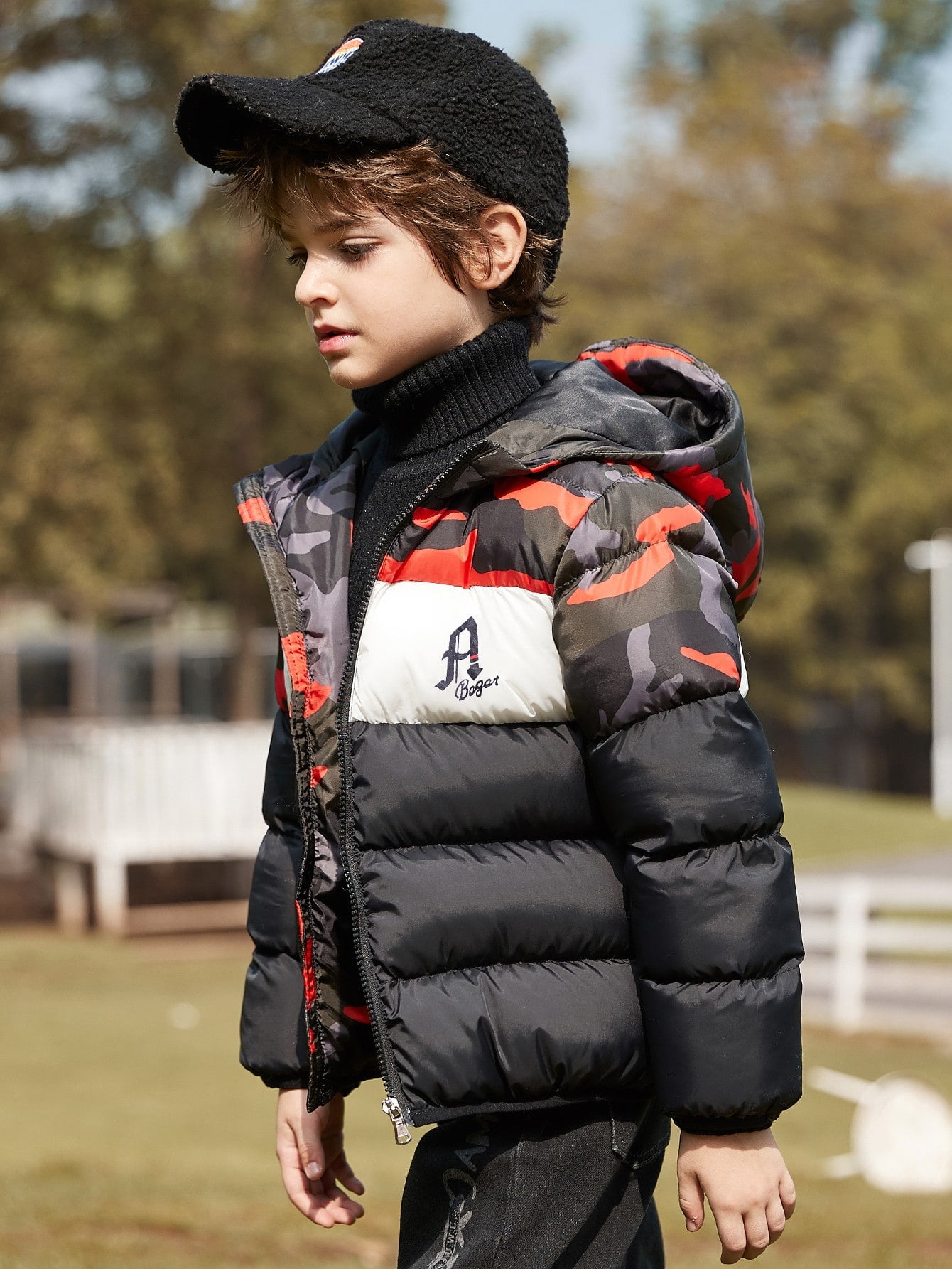 graphic hooded puffer coat