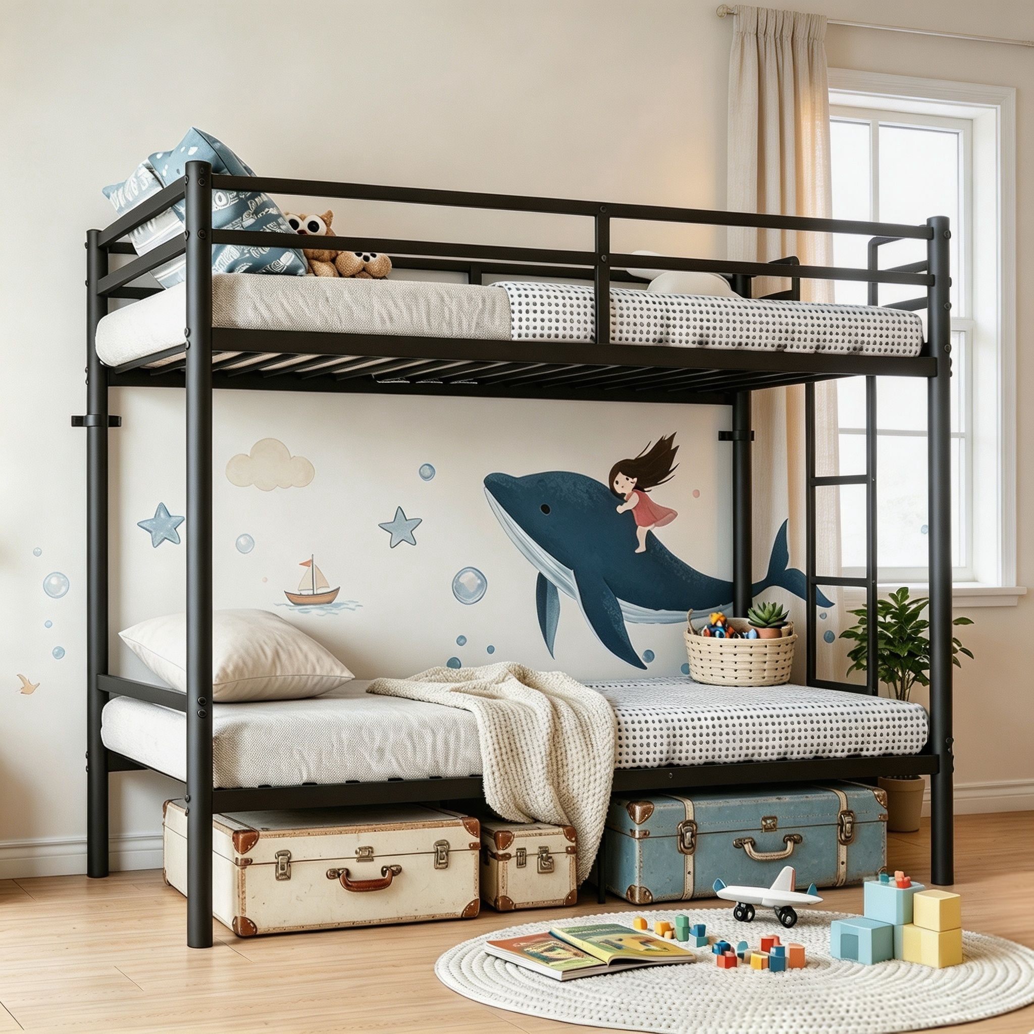 Alvantor Convertible Twin over Twin Metal Bunk Bed with Heavy-Duty Slats, Black