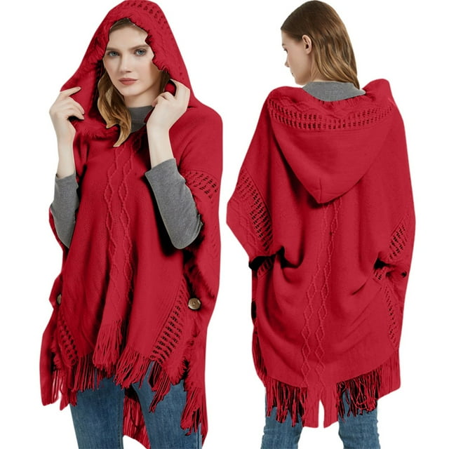 TINZ Mode pour Femmes à Franges Printemps et Automne Hiver Chandail à Manches Chauve-Souris Chandail Cape Rayée Chandail à Capuche Châle Haut Robe Châle pour Femmes Châle Enveloppe Cape d'Hiver avec Capuche Femmes