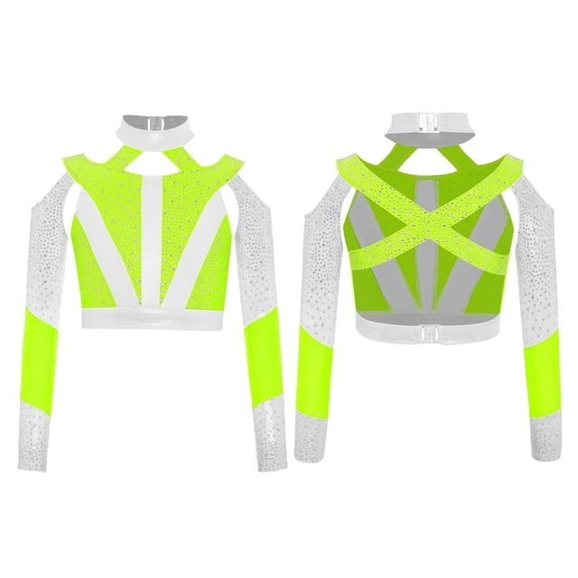 MSemis Girls Acrobatics Dance Tops Long Sleeve Rhinestone Shiny Color Block Cross Back Cutout for Gymnastics Sport Wear Fluorescent Yellow 8