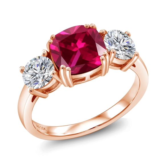 Gem Stone King 18K Rose Gold Plated Silver Red Created Ruby and Lab Grown Diamond Engagement Ring for Women | 3.50 Cttw | Cushion 8MM | Gemstone July Birthstone | Size 5