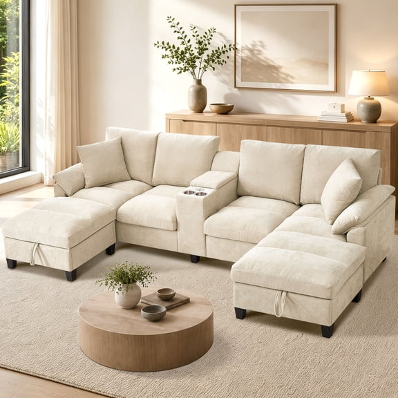 Tornama 116" U Shaped Couch Modular Sectional Sofa, Modern Linen Deep Seat Couch with Storage Ottoman & Center Console, USB Charging Ports, Cup Holders, Comfy Sofa for Living Room Apartment Green