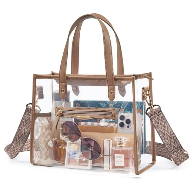 Bolsa transparente Missnine para mujer, bolsa gruesa de PVC transparente para eventos de estadio con correa de guitarra transparente para conciertos en la playa