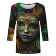 thumbnail image 4 of Cavosen Mardi Gras Women's Tops 3/4 Sleeve Length Festival Carnival Crewneck Tops Mask Graphic Print Blouse Holiday Stylish Shirts Casual Workout T-Shirts Party Shrove Tuesday Tees L, 4 of 5