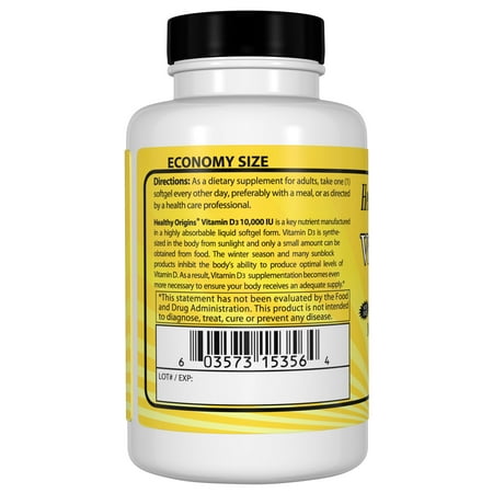 Healthy Origins Vitamin D3 10,000 IU (Non-GMO, High Potency, Bone Support, Immune Support, Gluten Free), 360 Softgels