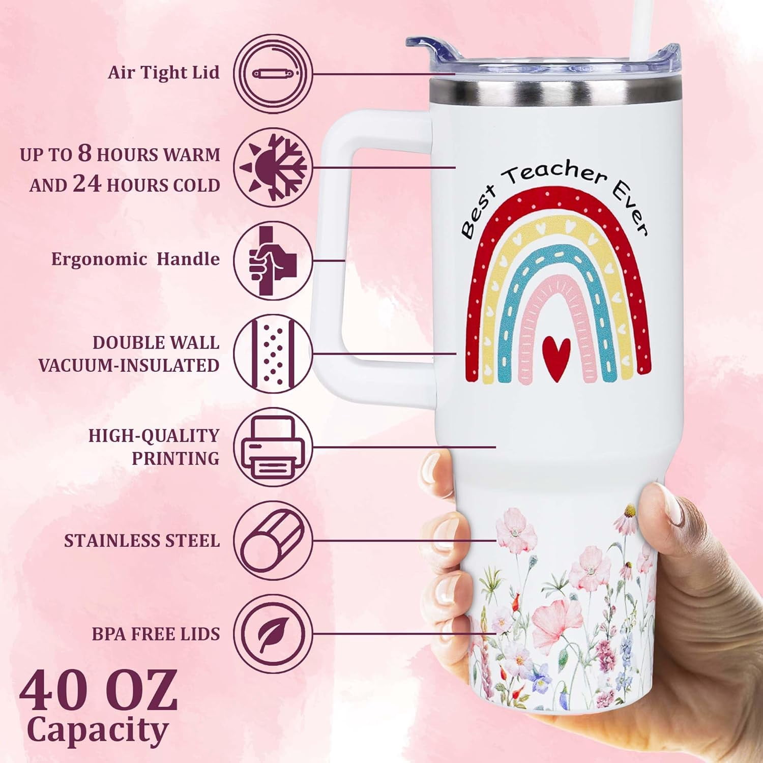 Best Teacher Ever Tumbler - 40oz Christian Teacher Appreciation Gift for Women - Birthday & Christmas