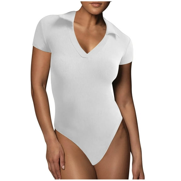 Timegard Rompers for Women Short Sleeve Lapel V Neck Slim Fitting Ribbed Knit Bodysuit Comfy Casual