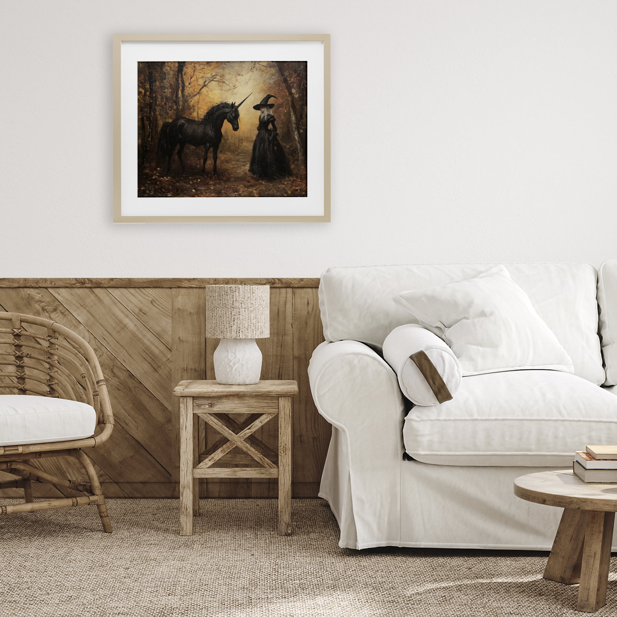 Witch & Black Unicorn Birch Framed Print Under Glass, design by Arlington Prints