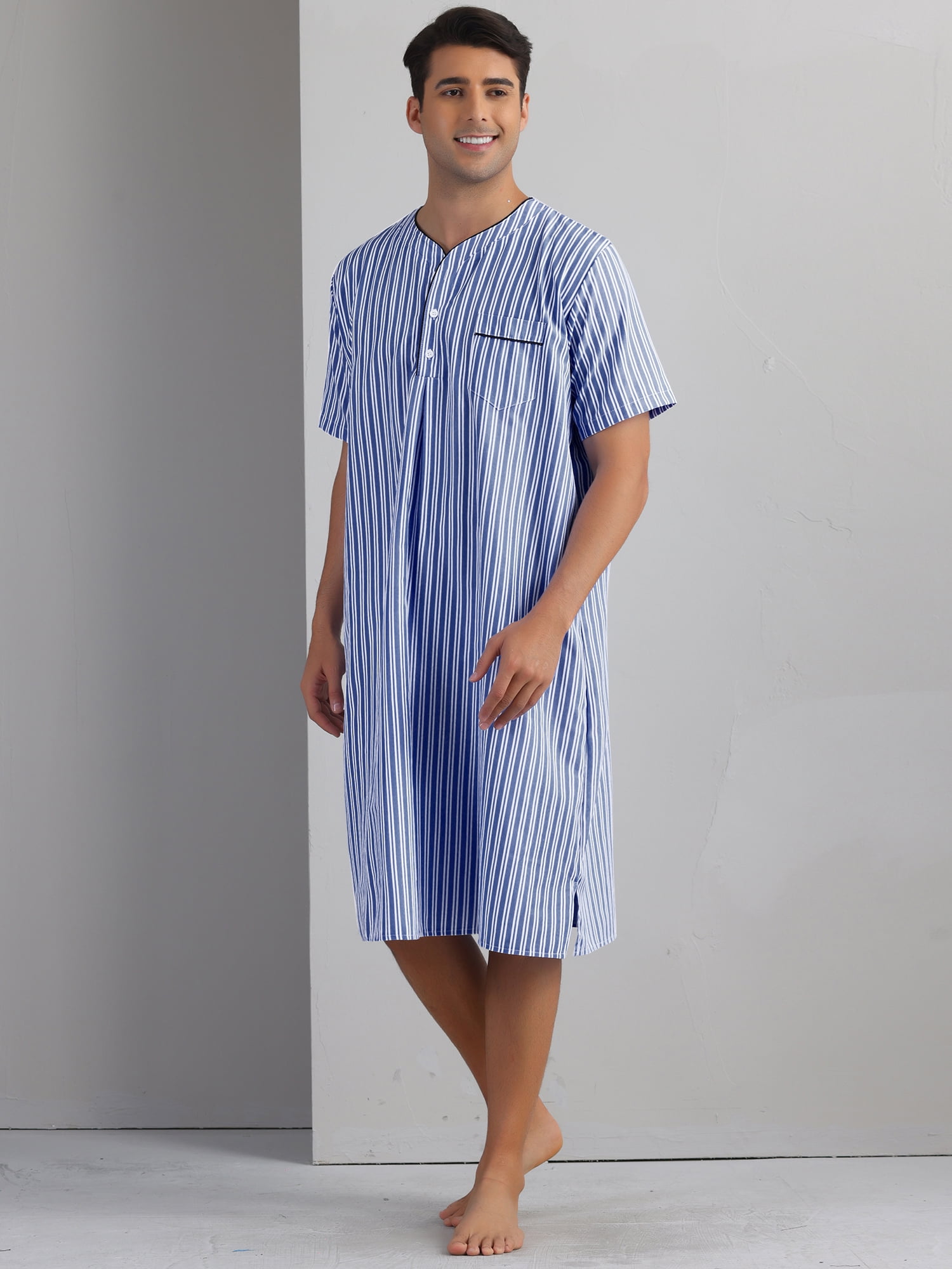 DARING DIVA Men's Short Sleeve Striped V-Neck Button Down Sleep Gown M Dark Blue