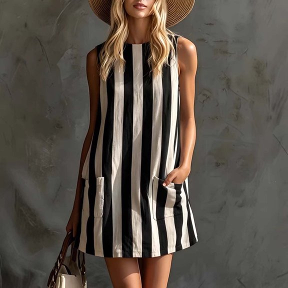 Dolkfu Sleeveless Women'S Summer Dresses Black Crew Neck French Style Mini A-Line Dresses Refined Relaxed Fit Striped Patchwork Dresses Black,L