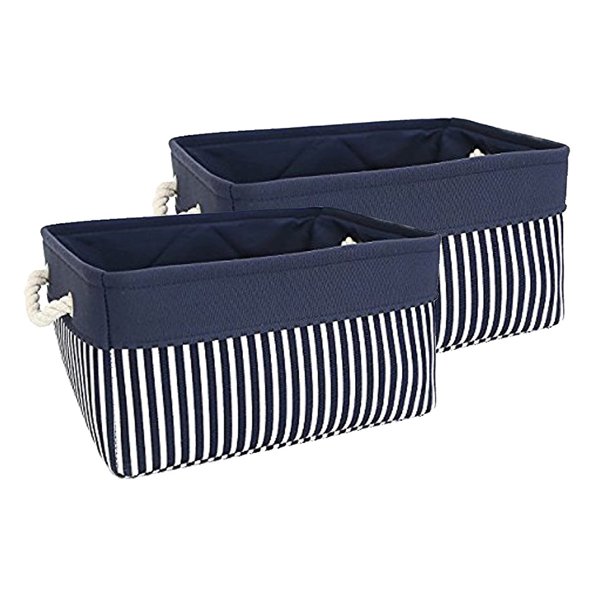 2 Pack Foldable Blue and White Striped Stitched Storage Basket Toy Storage Basket Home