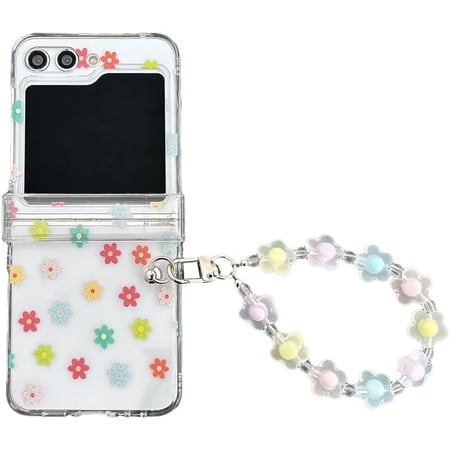 Girly Flower Case for Samsung Galaxy Z Flip 5 Cute Design with Strap, Clear Woman Case for Samsung Galaxy Z Flip 5 Hinge Protection, Lovely Floral Case for Z Flip 5 Hard PC