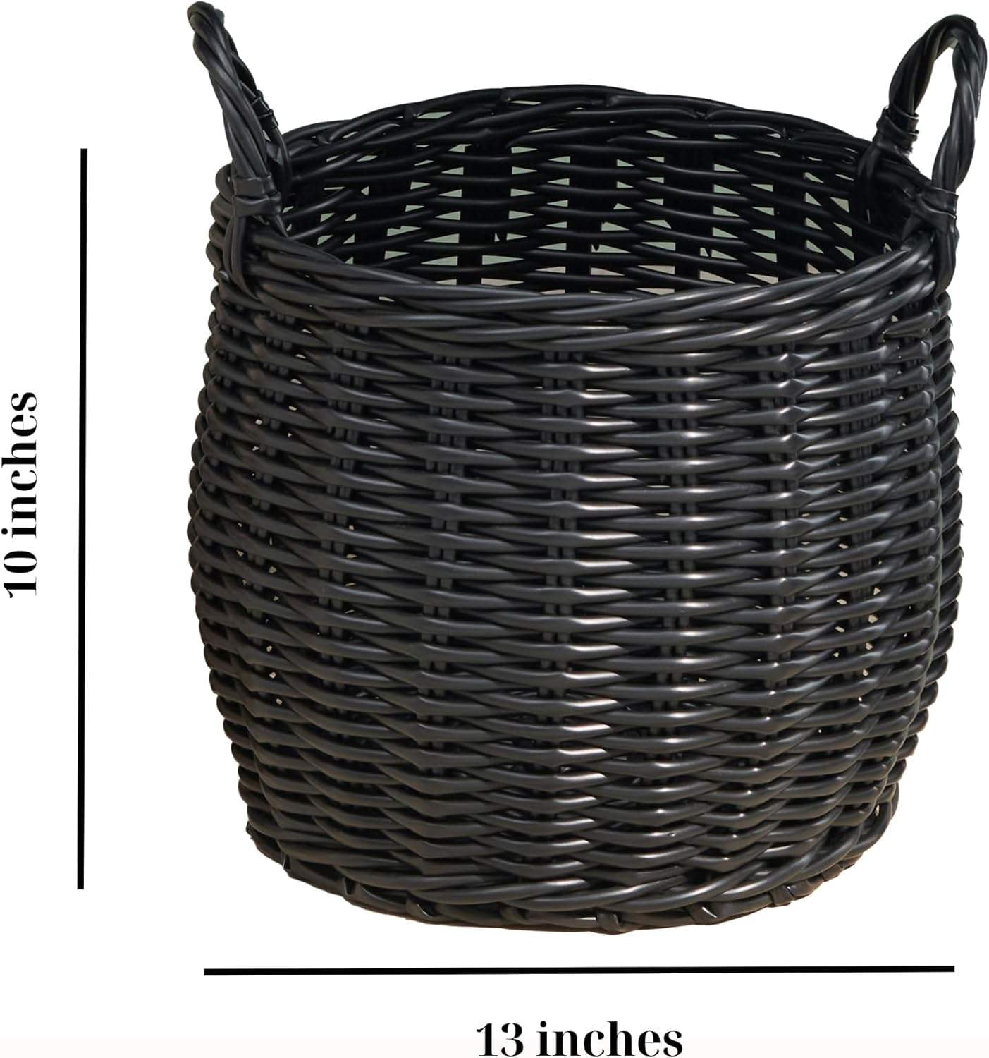 Isidore Round Resin Woven Basket with Handles | Multi-Purpose Organizer for Halloween & Thanksgiving Storage, Laundry, and More (13" x 13" x 10.2" - Black)