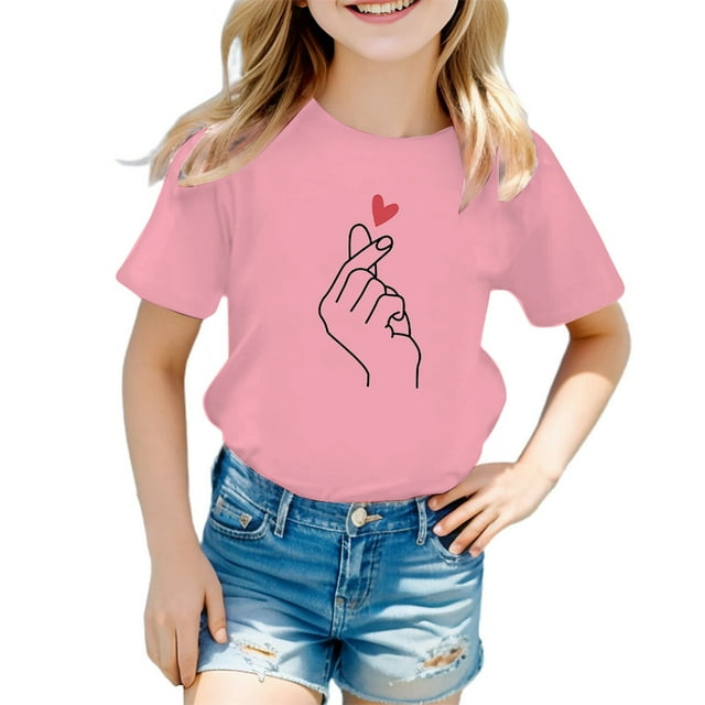 LUOGENLI T-Shirt pour Filles Enfant Filles Mignon Graphique Col Rond Manches Courtes Tee Été Décontracté T-Shirt Maxi Chemises pour Filles Été 2025 8-9 Ans