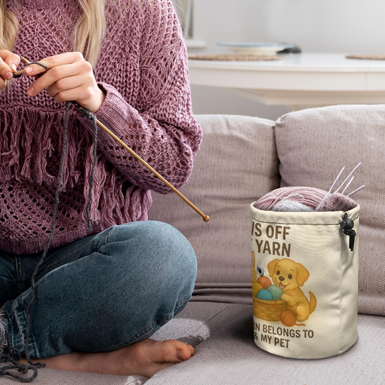 Knitting Crochet Yarn Storage Bag – Durable Canvas Tote Organizer with Cute Pet & Thread Design | Holds Skeins, Hooks, Needles & Tools for Crafters and DIY Lovers