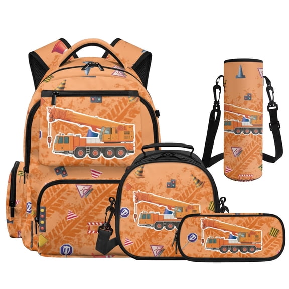 HUIACONG 17" Orange Crane Boys 4PCS Backpack Set, Large School Bookbag with Lunch Bag for Teen Boys Age 8-14