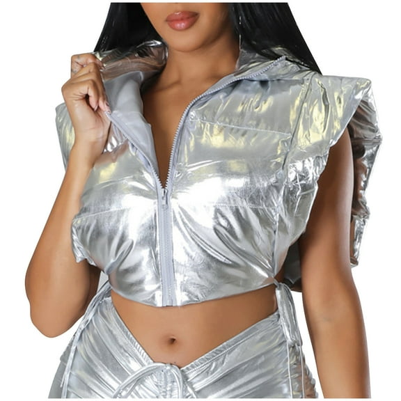 ABATAB Cropped Puffer Vests for Women Fashion Shiny Sleeveless Party Clubwear Coats Warm Zipper Quilted Padded Gilet Waistcoats(X-Large,Silver)