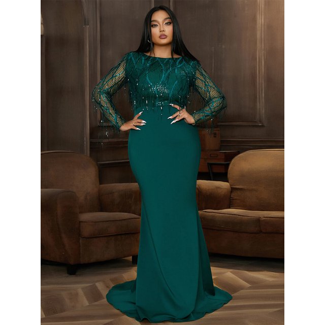 Plus Size Women's Dress 2023 New Fashion Large High Waist Lady Female Maxi Dress Long Sleeve Tassels Evening Party DressesXXXL Gao Jinjia LED