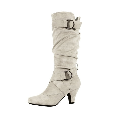 

Fesfesfes Fuzzy Boots for Women Middle Heel Belt Buckle Round Suede Solid Color High Winter US:9(42)