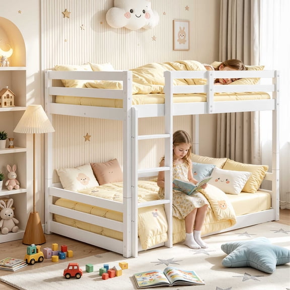 Twin Over Twin Kids Bunk Bed, UHOMEPRO Solid Wood Floor Bunk Bed for Kids Bedroom, High Safety Rail, Ladder, Heavy Duty Space-Saving Bunk Beds, Convertible into 2 Twin Beds, White