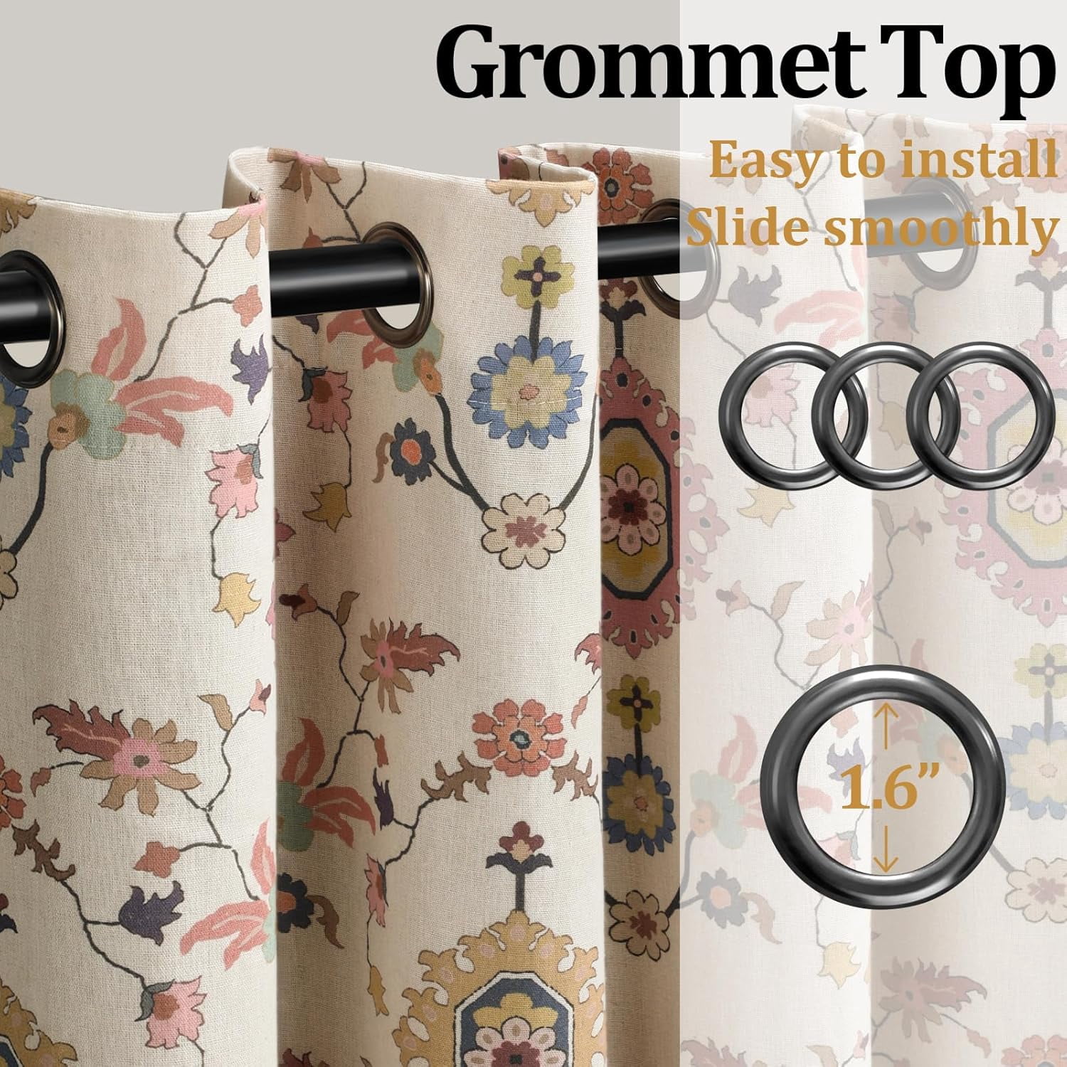 Boho Blackout Curtains Beige Window Treatment Drape 63 Inch Floral Printed Vintage Curtains for Living Room Bedroom with Grommet 1 Panel 52" W x 63" L