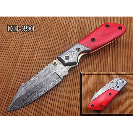 8.3 long hand forged custom made Damascus steel pocket clip folding knife Various scale Colors available with Damascus Bolster 4 long blade Cow hide leather sheath with belt loop
