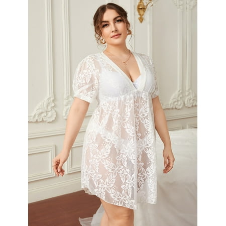 

White Sexy Women s Plus Puff Sleeve Lace Nightdress Without Lingerie 3XL(18) Y22001D