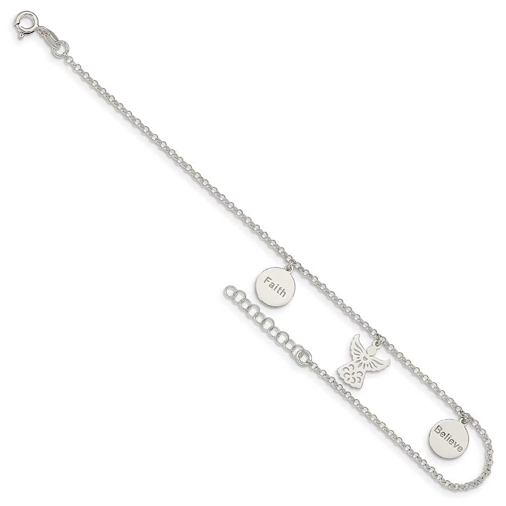 Sterling Silver Faith, Believe and Angel Dangles 9in Plus 1in Ext. Anklet QG4736