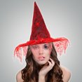 thumbnail image 2 of Disfraz de Halloween con gorro de bruja y tela de araña roja con ribete de plumas, 2 of 2