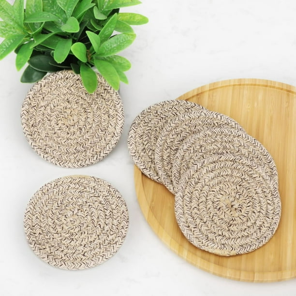 Juego de 8 manteles individuales de cuerda con soporte | Manteles individuales de algodón tejido para mesa de comedor, resistentes al calor y aislantes | Posavasos antideslizantes duraderos para la