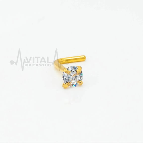 20G L Shaped Nose Stud with Colorful Gems, 3mm Cubic Zirconia Clear Gem, Surgical Steel