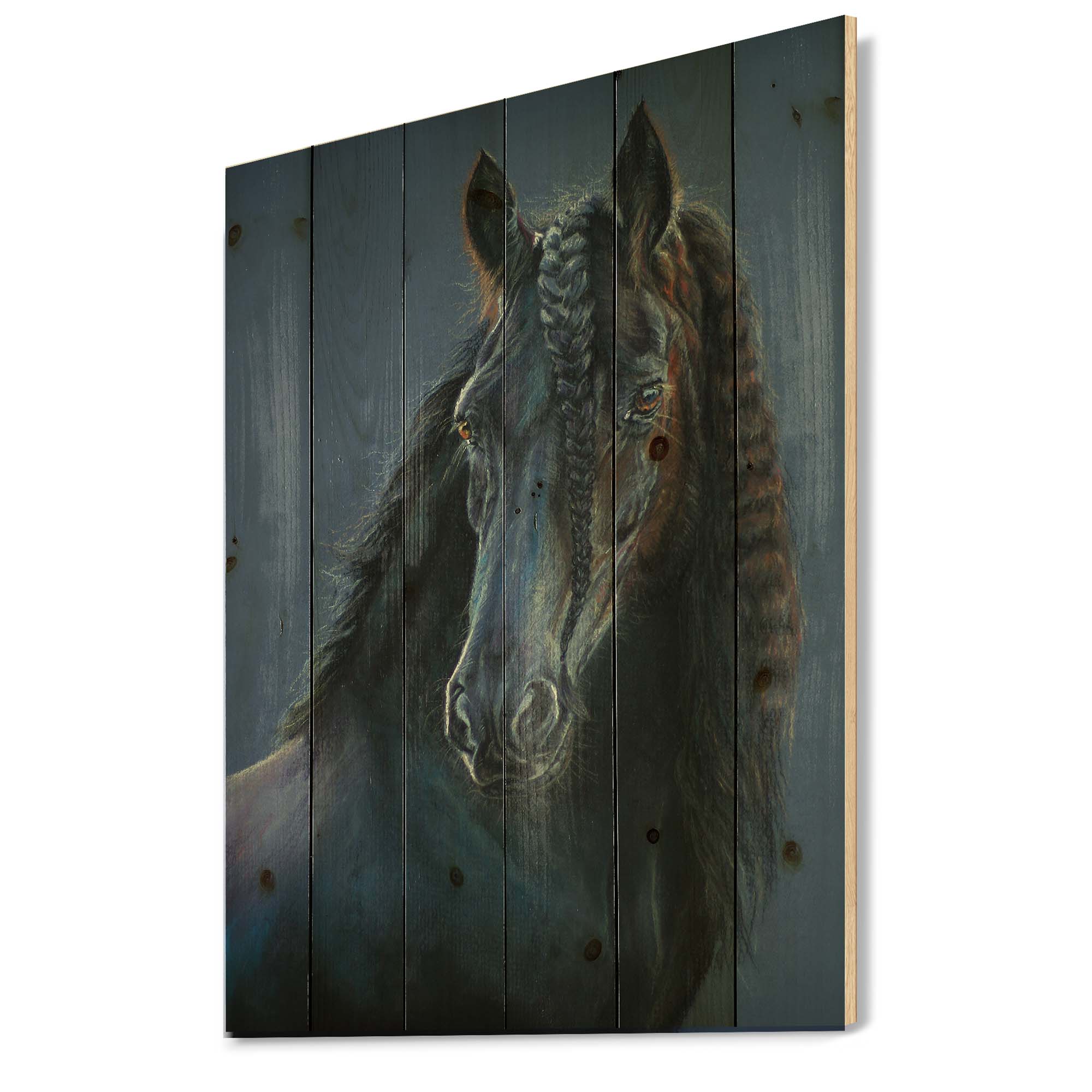 Designart 'Frisian Black Horse Portrait' Farmhouse Print on Natural Pine Wood