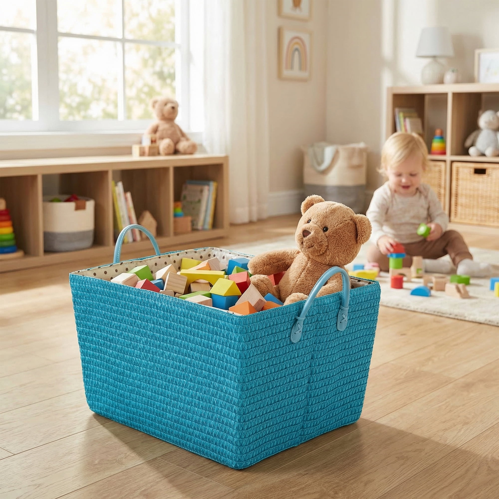 Unique Bargains Woven Storage Basket Shelf Closet Storage Bin Blue 17.7*13.8*9.8in