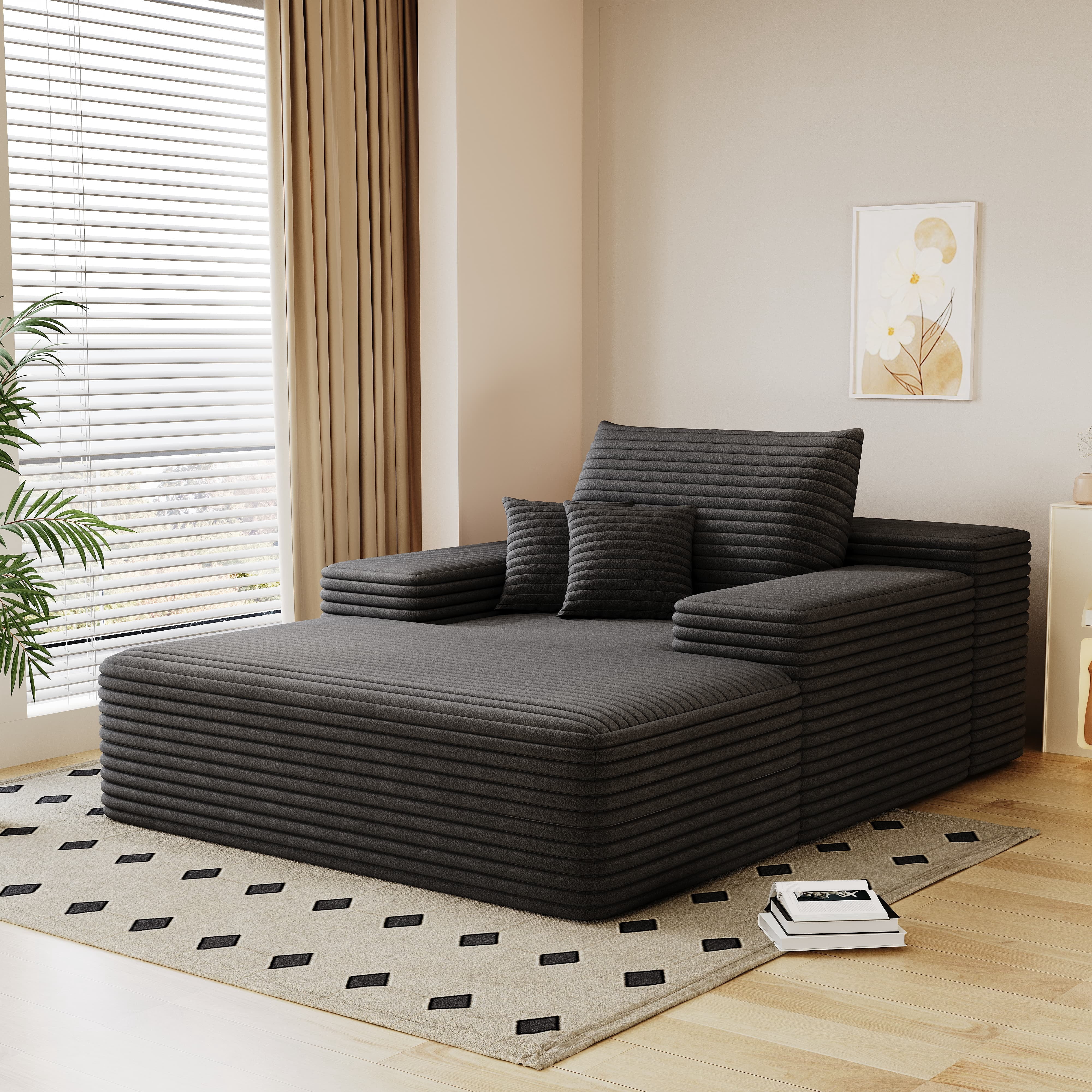 Leumius Oversized Chaise Lounge Chair Indoor Furniture, No Assembly Required, Plush Corduroy Upholstered Sofa Bed Cozy Sleeper Couch for Living Room, Bedroom, Dark Grey
