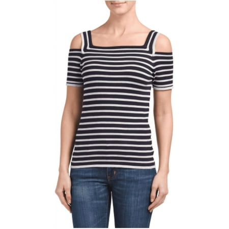 Premise Studio Short Sleeve Square Neck Open Shoulder Knit Pullover, White and Navy Striped, Size Large